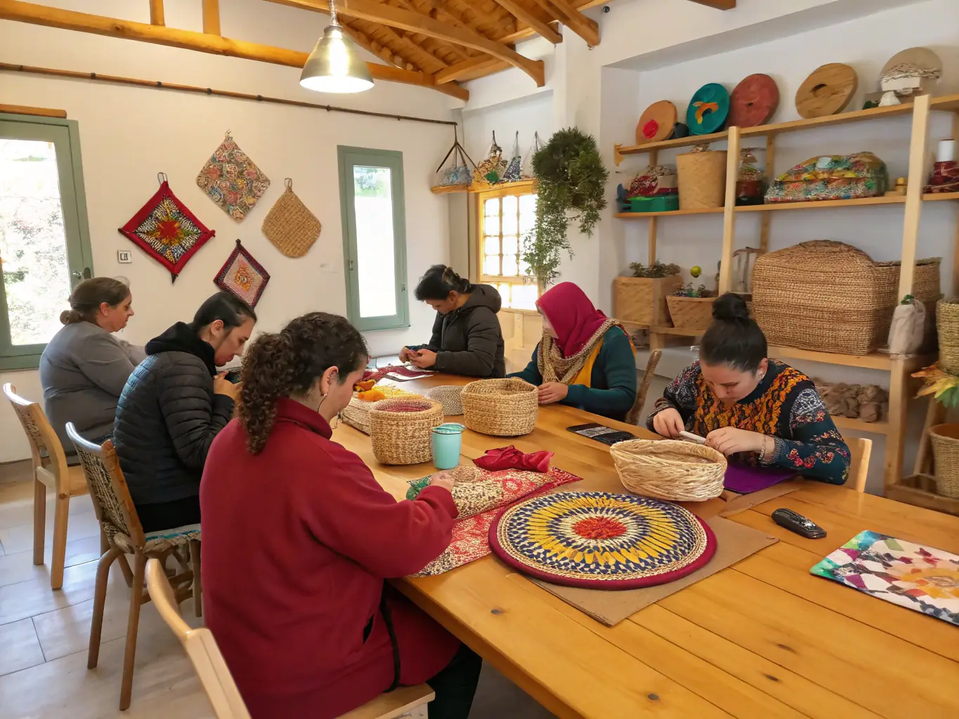 A group of participants engaged in a hands-on workshop learning traditional crafts, emphasizing the importance of passing down skills and knowledge to future generations.