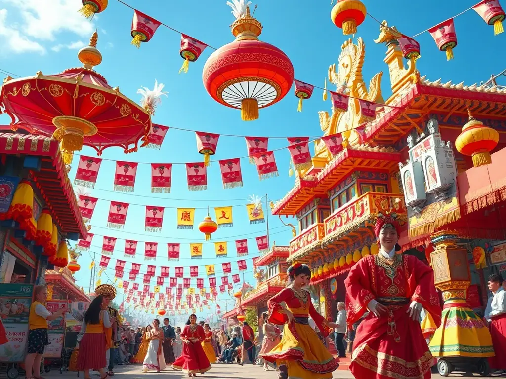 A lively scene from a local cultural festival, featuring traditional music, dance, and crafts, highlighting the vibrant cultural life of the region.